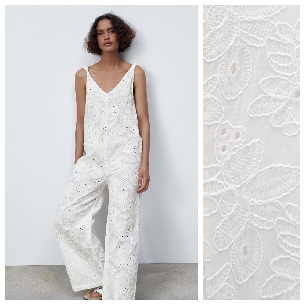 Zara White Broderie Anglaise Wide-Leg Jumpsuit - Picture 1 of 10